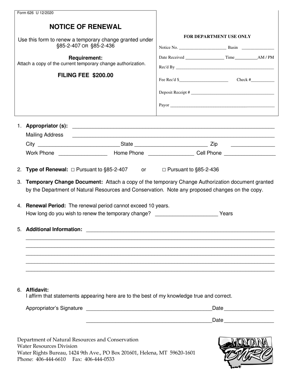 Form 626 Notice of Renewal - Montana, Page 1