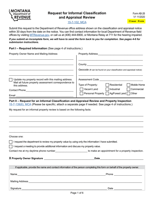 Form AB-26 Request for Informal Classification and Appraisal Review - Montana