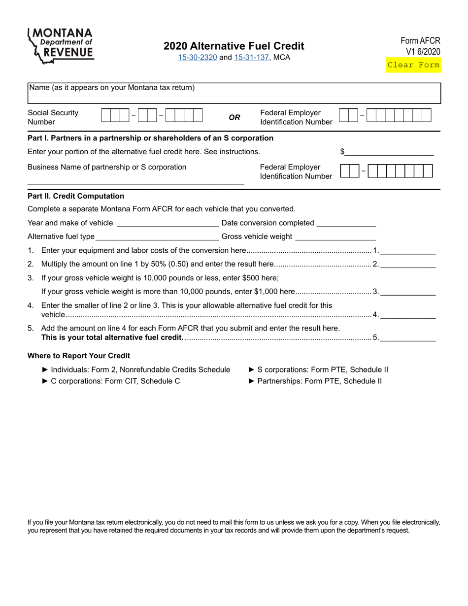 Form AFCR Alternative Fuel Credit - Montana, Page 1