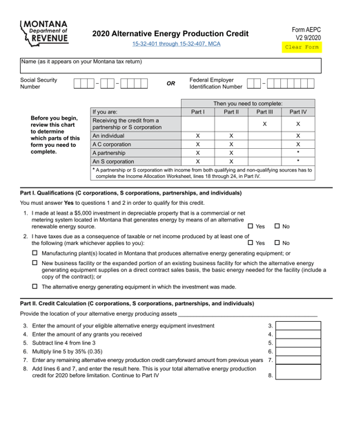 Form AEPC Alternative Energy Production Credit - Montana, 2020