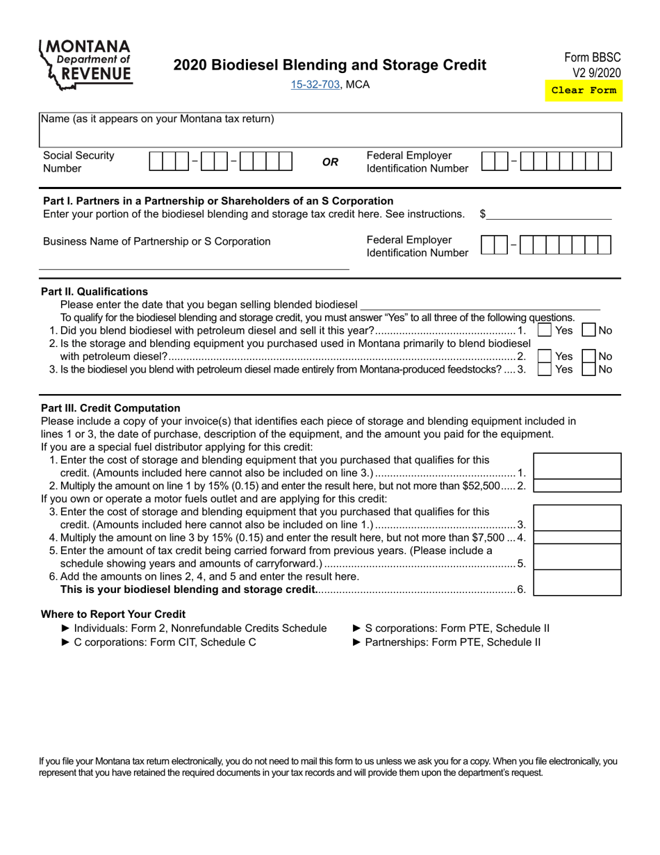 Form BBSC Biodiesel Blending and Storage Credit - Montana, Page 1