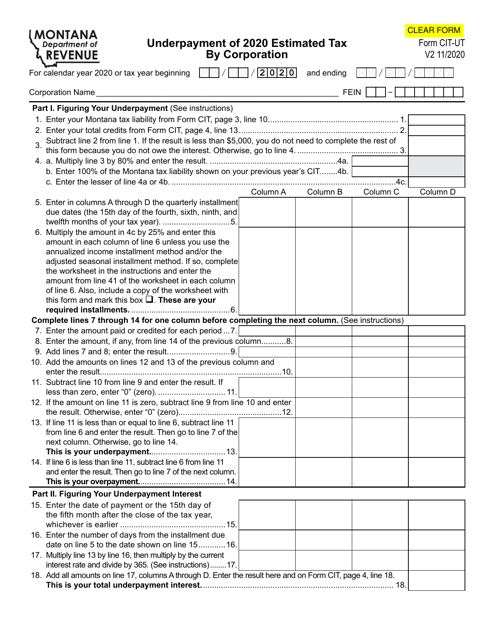 Form CIT-UT Underpayment of Estimated Tax by Corporation - Montana, 2020