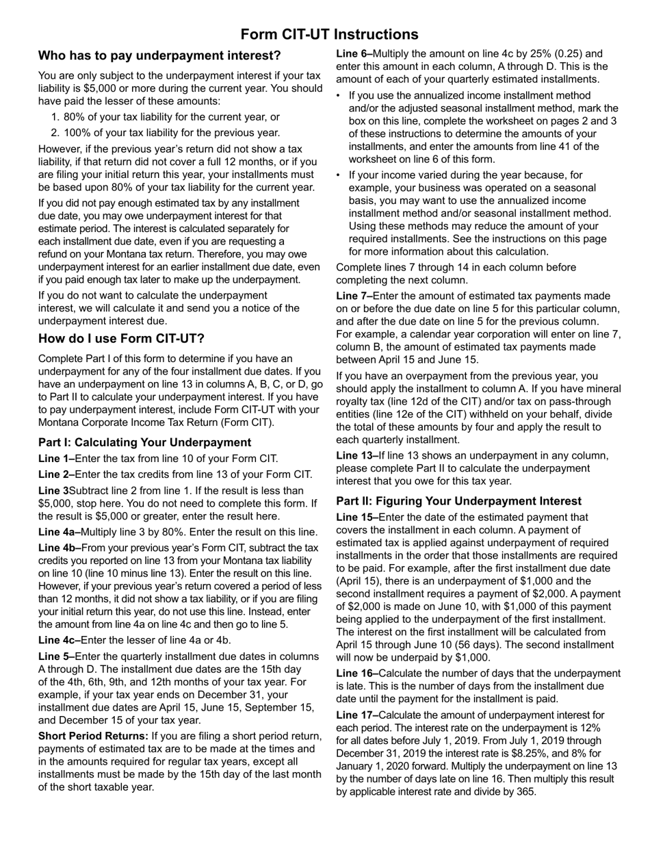 Form CIT-UT Underpayment of Estimated Tax by Corporation - Montana, Page 4