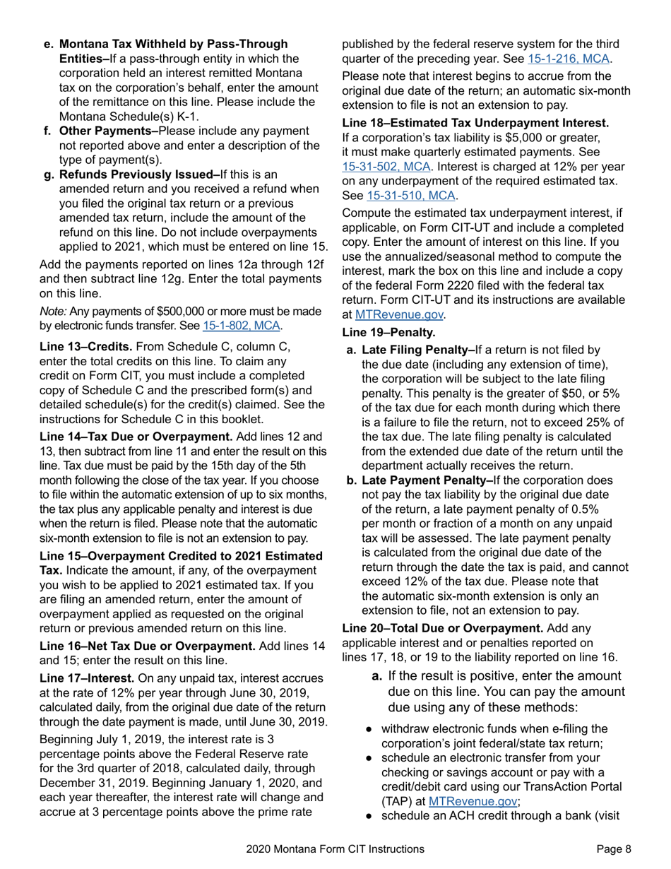 Instructions for Form CIT Montana Corporate Income Tax Return - Montana, Page 11