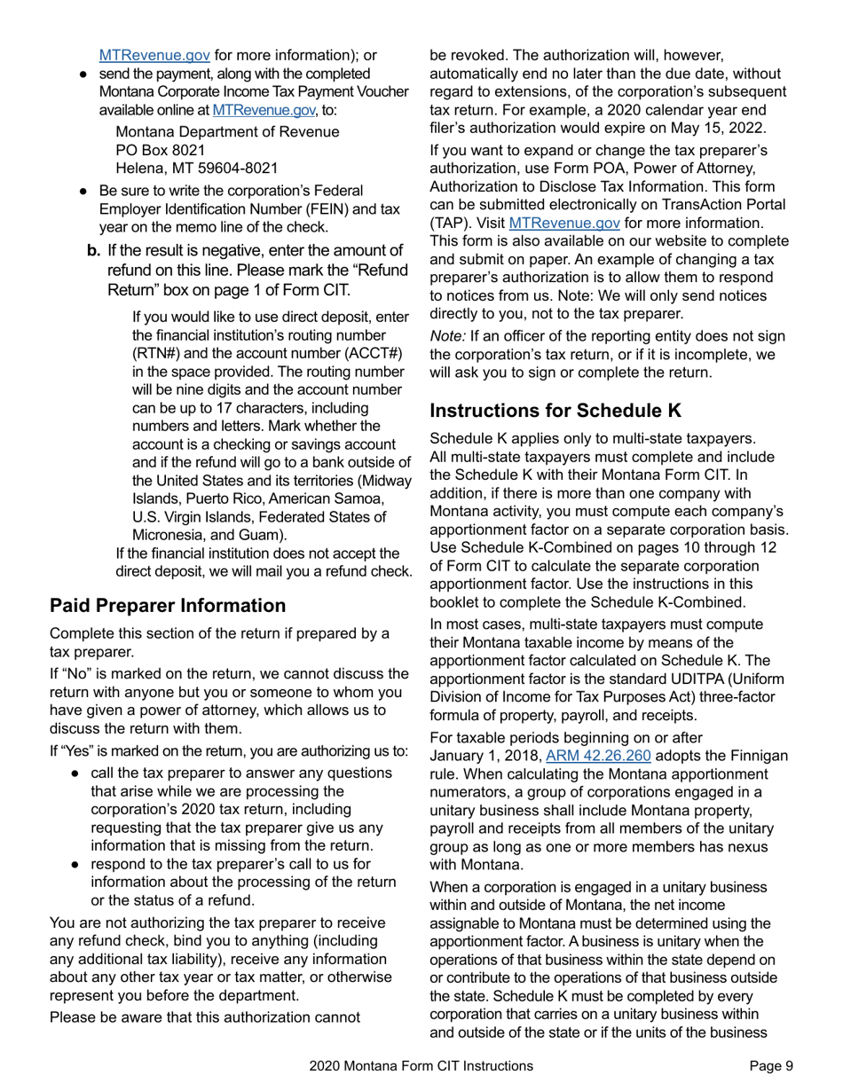 Instructions for Form CIT Montana Corporate Income Tax Return - Montana, Page 12