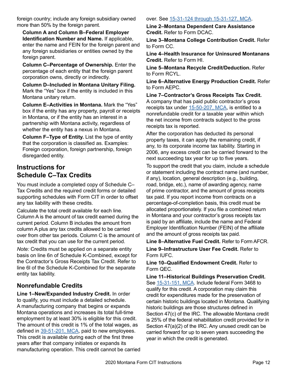 Instructions for Form CIT Montana Corporate Income Tax Return - Montana, Page 15