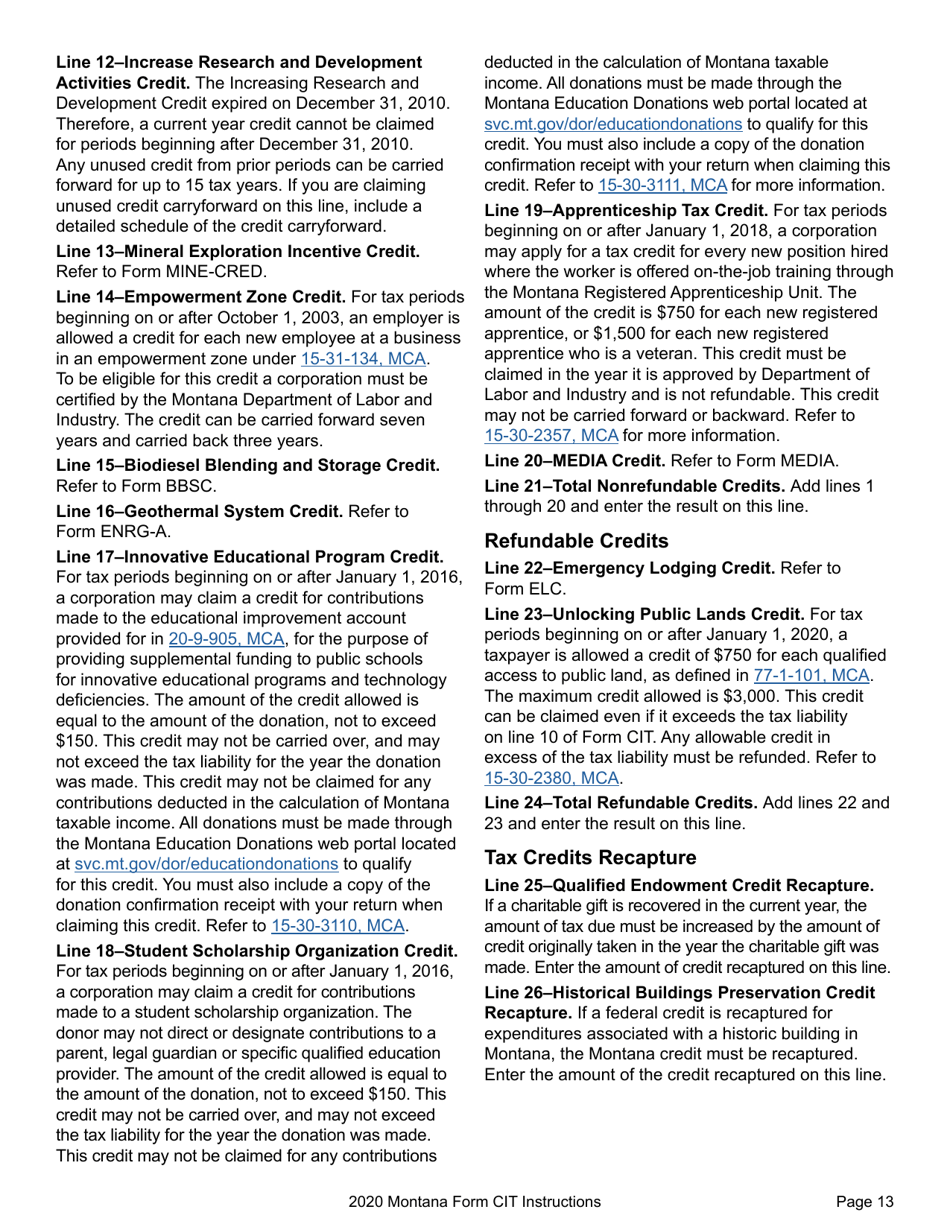 Instructions for Form CIT Montana Corporate Income Tax Return - Montana, Page 16