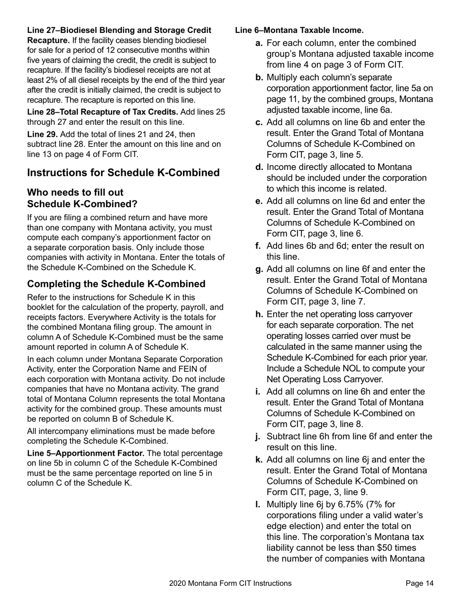 Instructions for Form CIT Montana Corporate Income Tax Return - Montana, Page 17