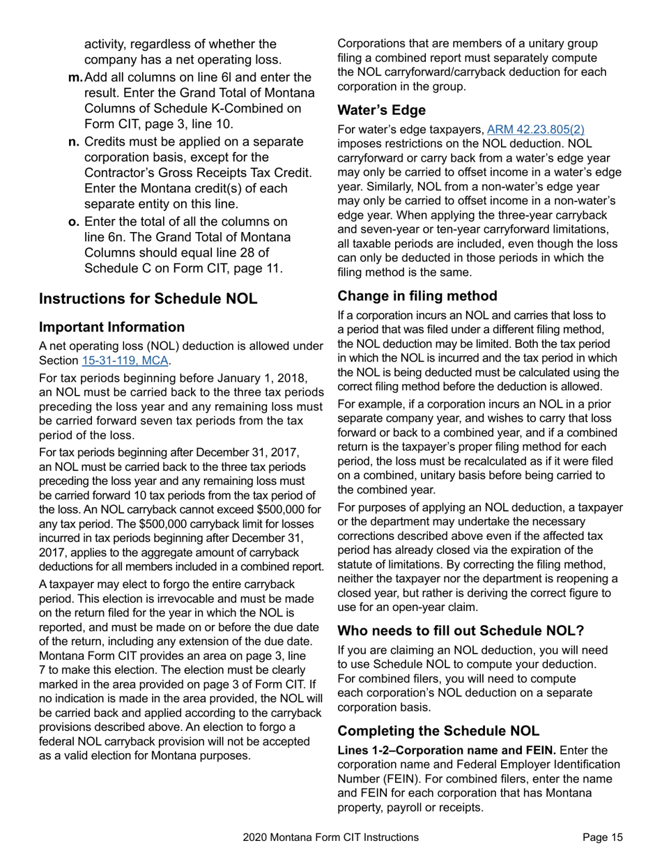 Instructions for Form CIT Montana Corporate Income Tax Return - Montana, Page 18