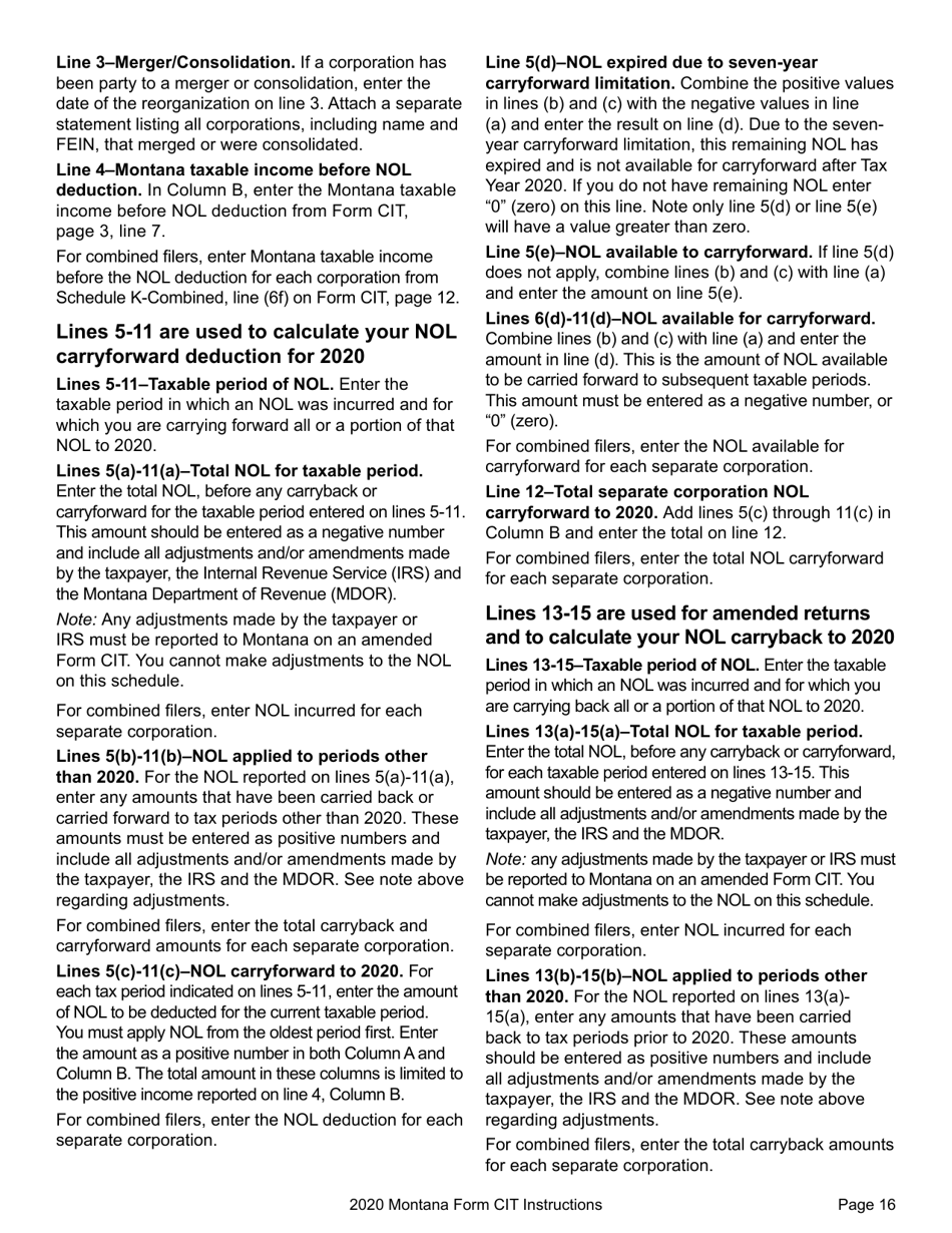 Instructions for Form CIT Montana Corporate Income Tax Return - Montana, Page 19