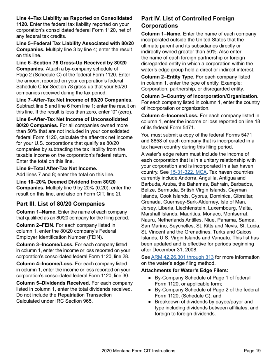 Instructions for Form CIT Montana Corporate Income Tax Return - Montana, Page 22