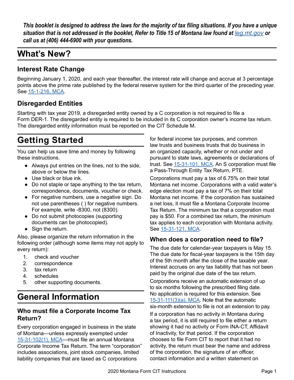 Instructions for Form CIT Montana Corporate Income Tax Return - Montana, Page 4