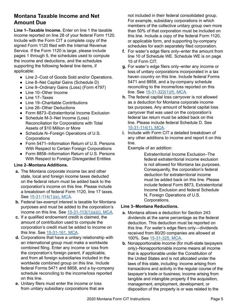 Instructions for Form CIT Montana Corporate Income Tax Return - Montana, Page 8
