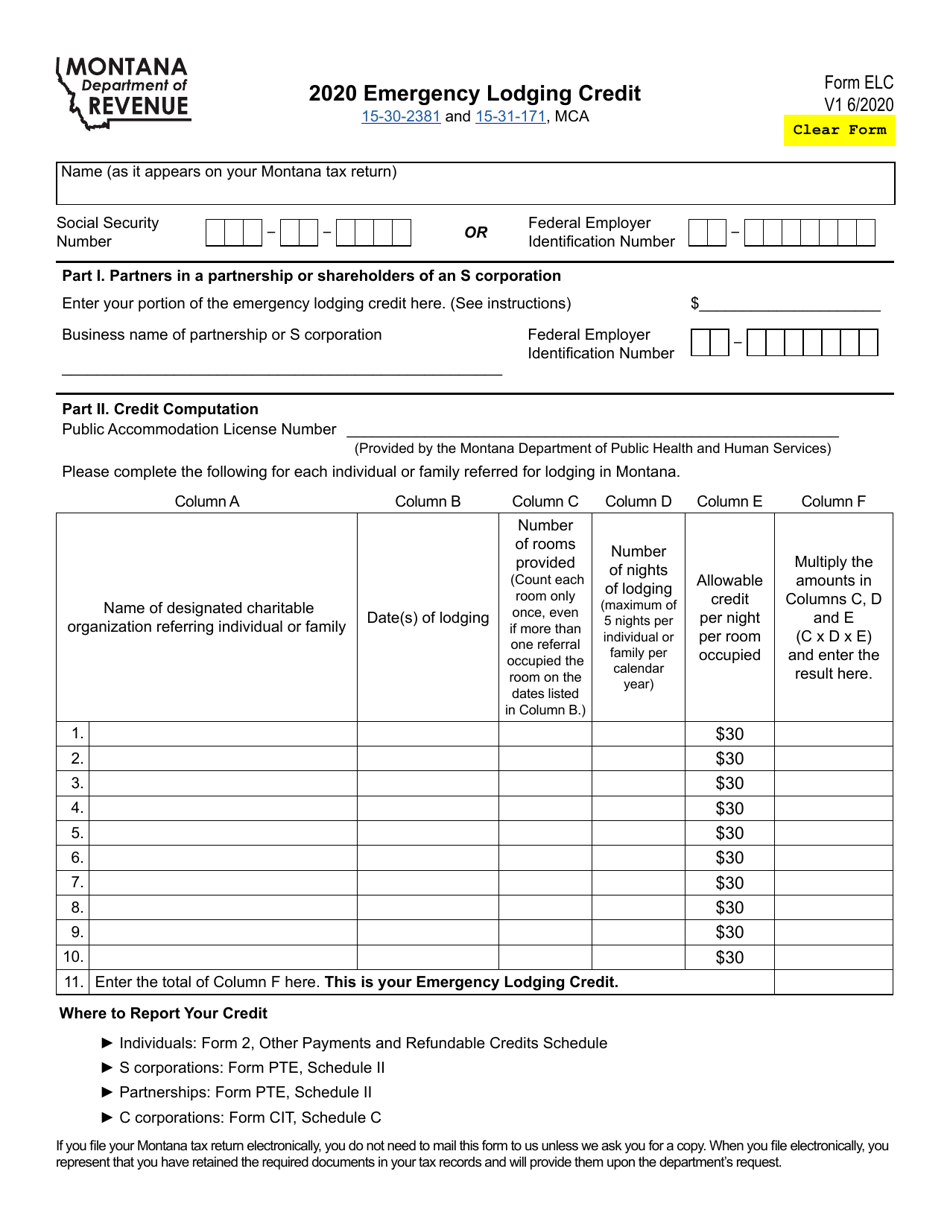 Form ELC Emergency Lodging Credit - Montana, Page 1