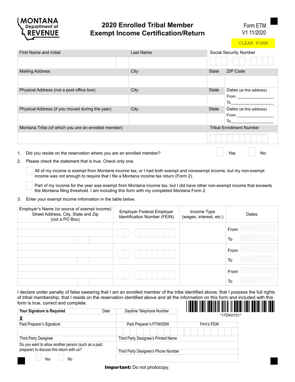 Form ETM Enrolled Tribal Member Exempt Income Certification / Return - Montana, Page 1