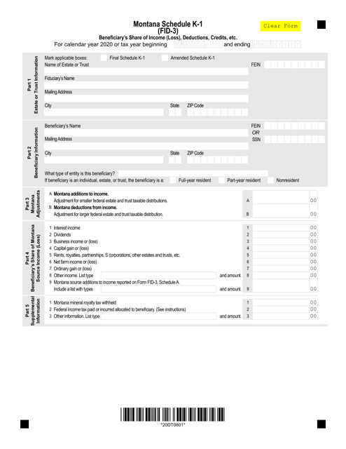 Form FID-3 Schedule K-1 2020 Printable Pdf