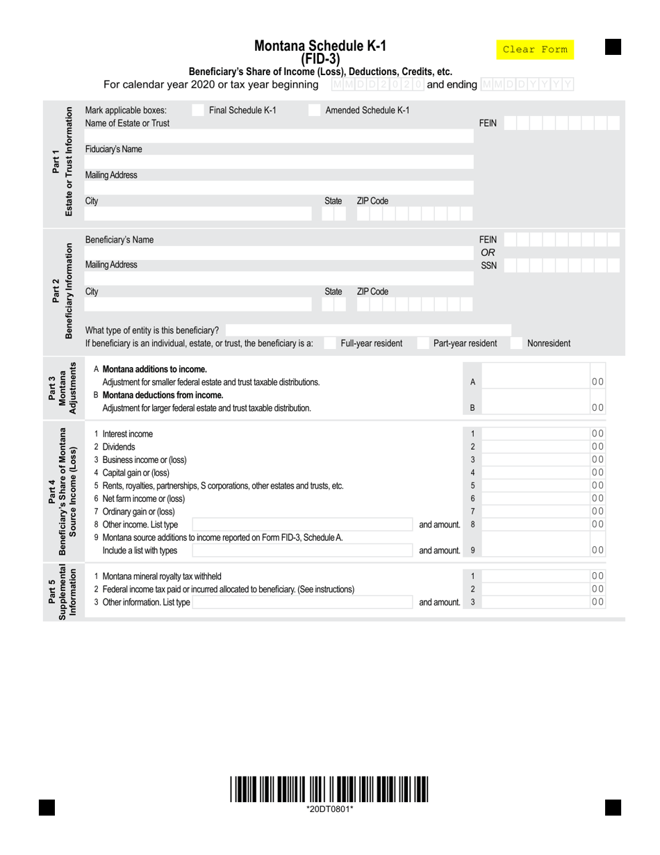 Form FID-3 Schedule K-1 Beneficiarys Share of Income (Loss), Deductions, Credits, Etc. - Montana, Page 1