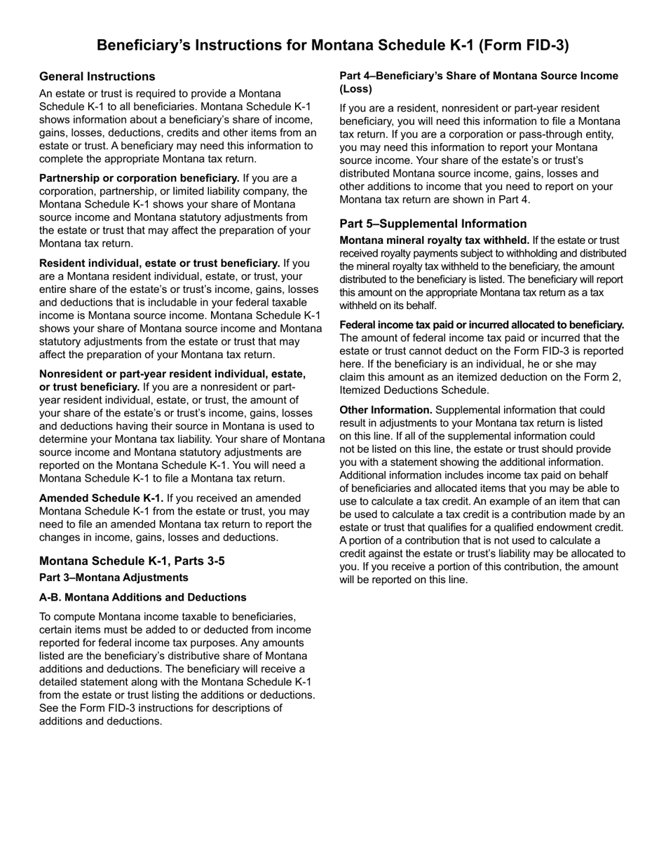 Form FID-3 Schedule K-1 Beneficiarys Share of Income (Loss), Deductions, Credits, Etc. - Montana, Page 2