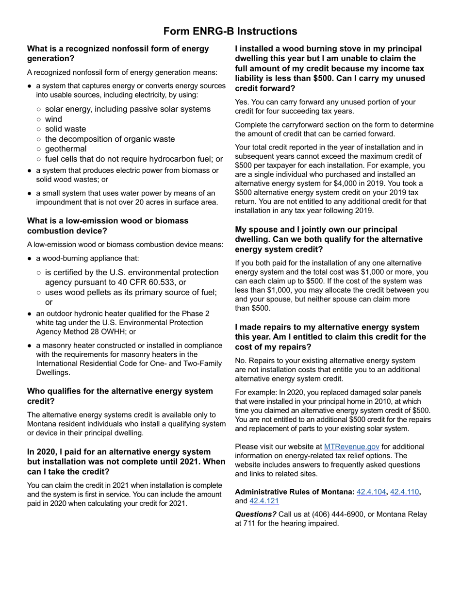 Form ENRG-B Alternative Energy System Credit - Montana, Page 3