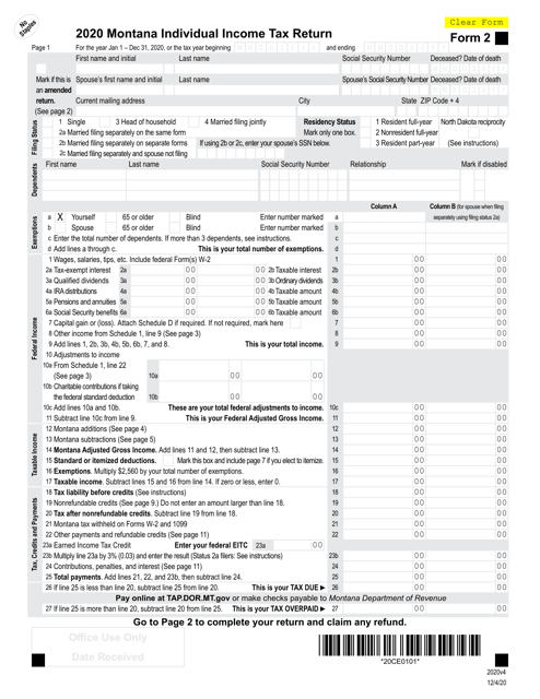 Form 2 Montana Individual Income Tax Return - Montana, 2020