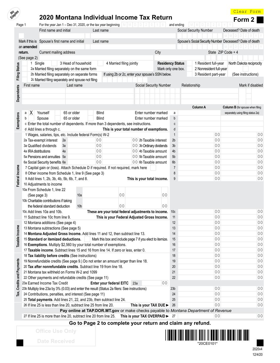 Form 2 Montana Individual Income Tax Return - Montana, Page 1