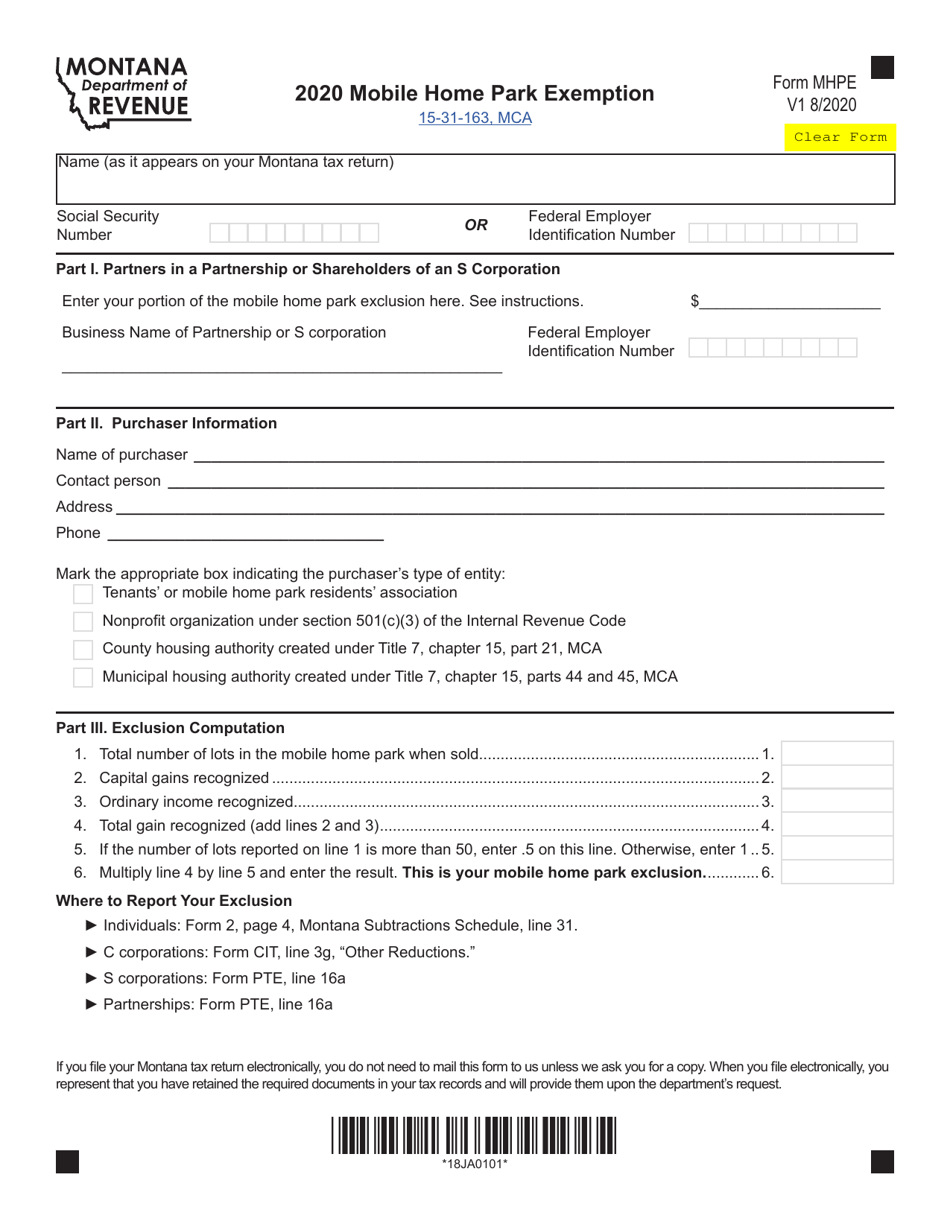 Form MHPE Mobile Home Park Exemption - Montana, Page 1