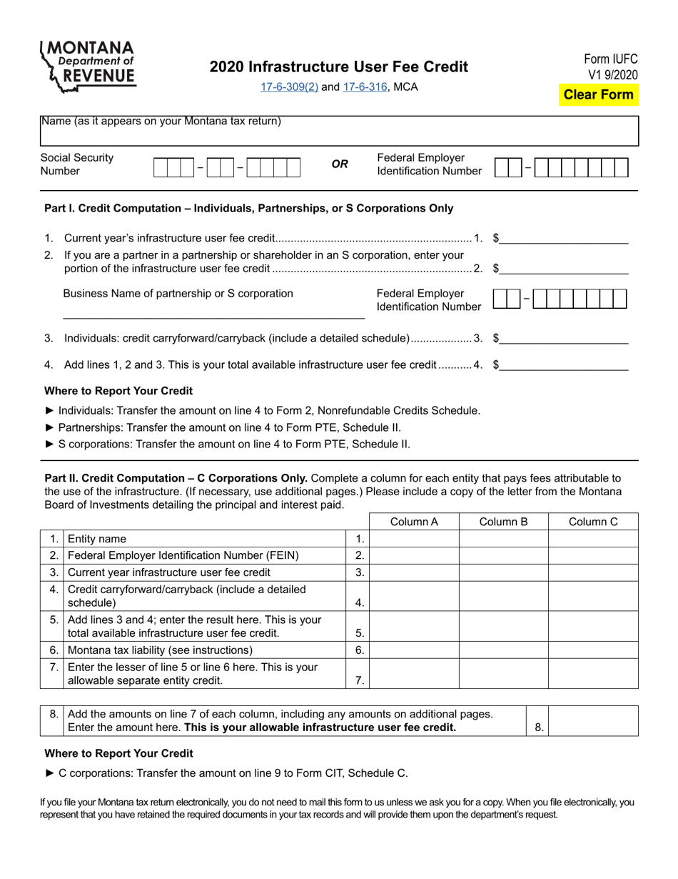 Form IUFC Infrastructure User Fee Credit - Montana, Page 1