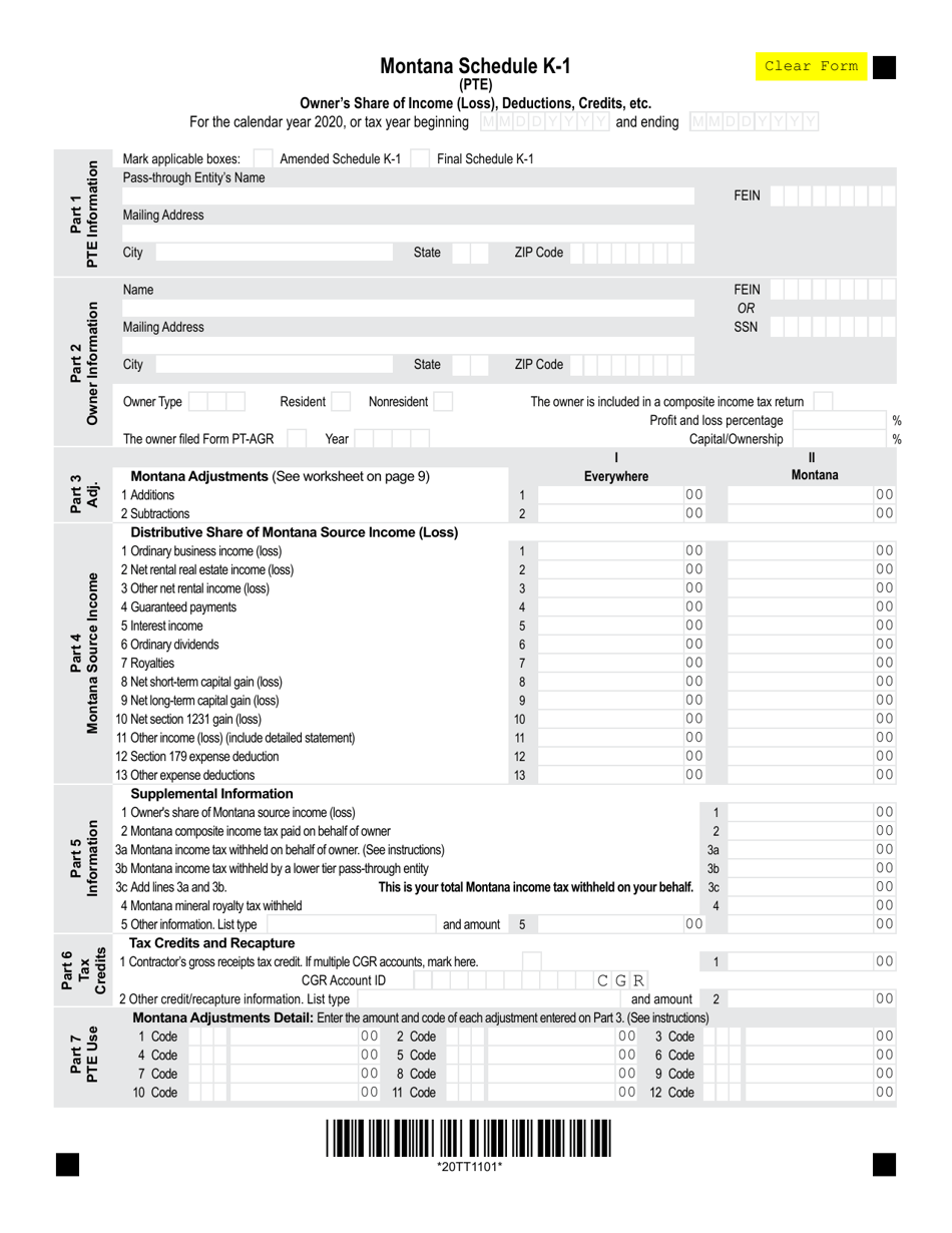 Schedule K-1 Owners Share of Income (Loss), Deductions, Credits, Etc. - Montana, Page 1