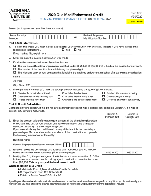 Form QEC Qualified Endowment Credit - Montana, 2020