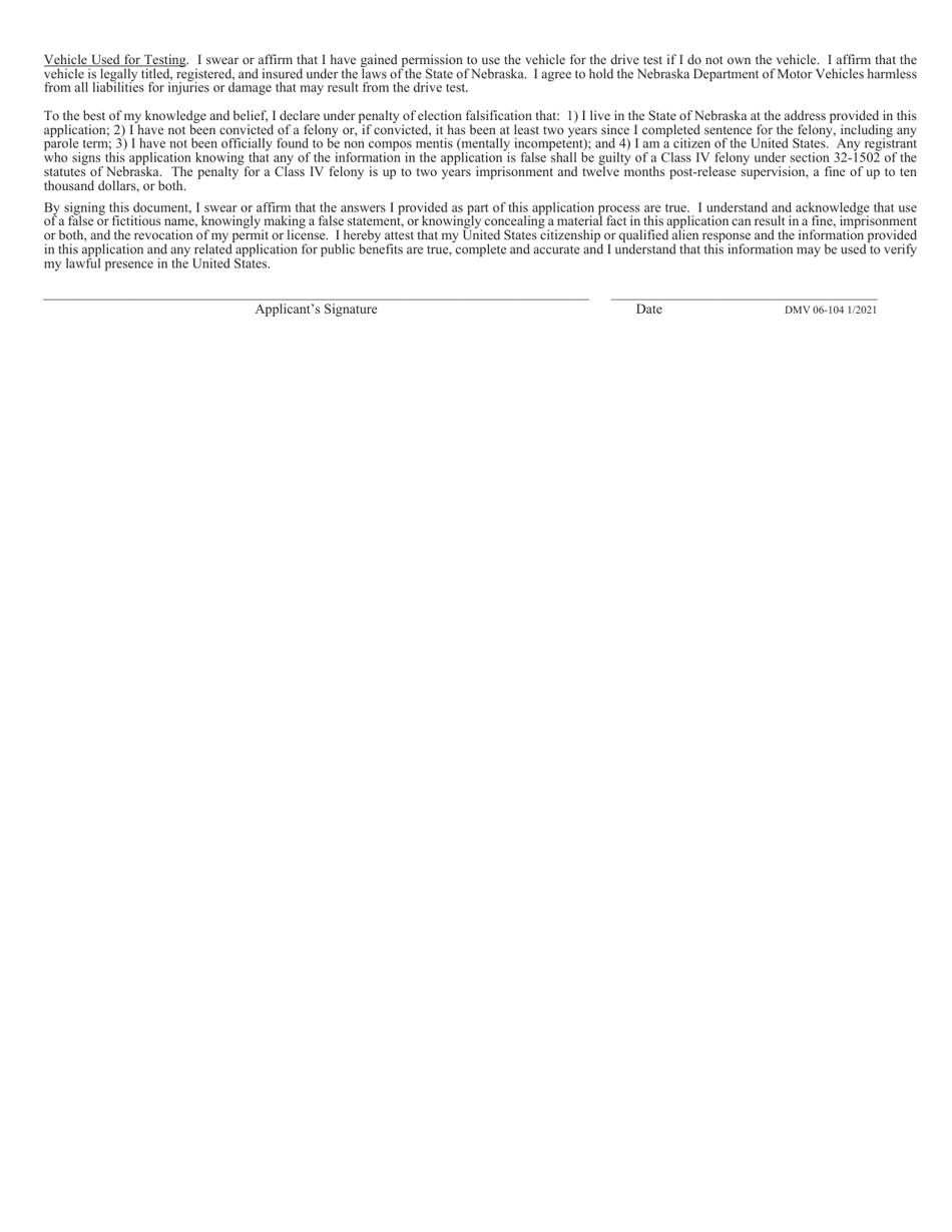 Form DMV06-104 New, Renewal and Replacements Permit, Class O (Car), Class M (Motorcycle) and State Id Card Data Form - Nebraska, Page 2