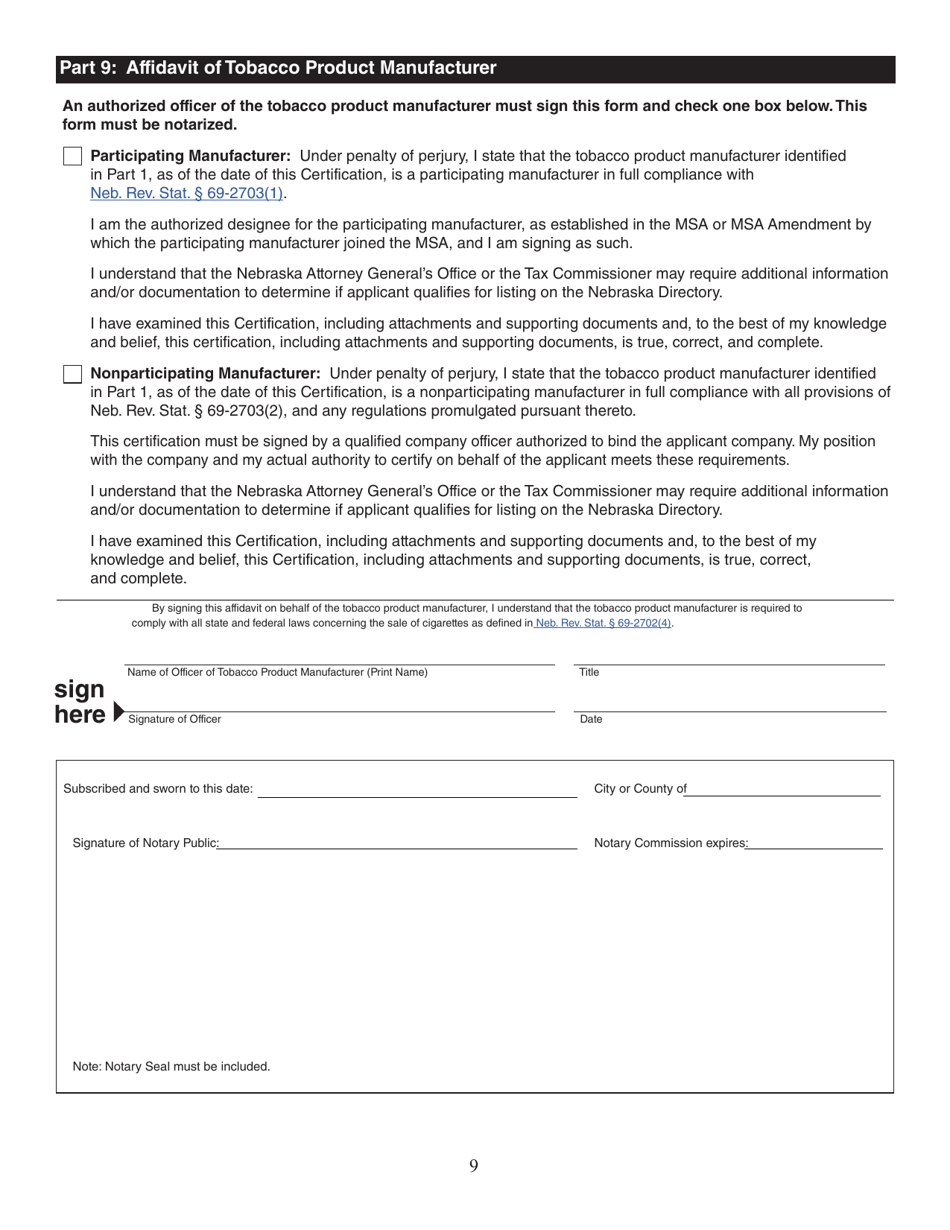 Form 55B Tobacco Product Manufacturers Certification - Nebraska, Page 9