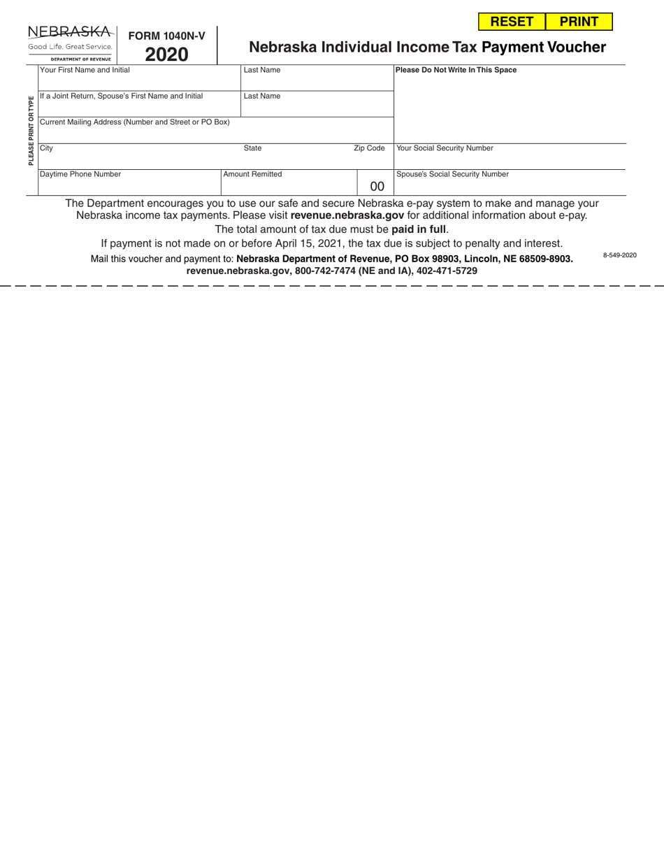 Form 1040N-V Nebraska Individual Income Tax Payment Voucher - Nebraska, Page 1