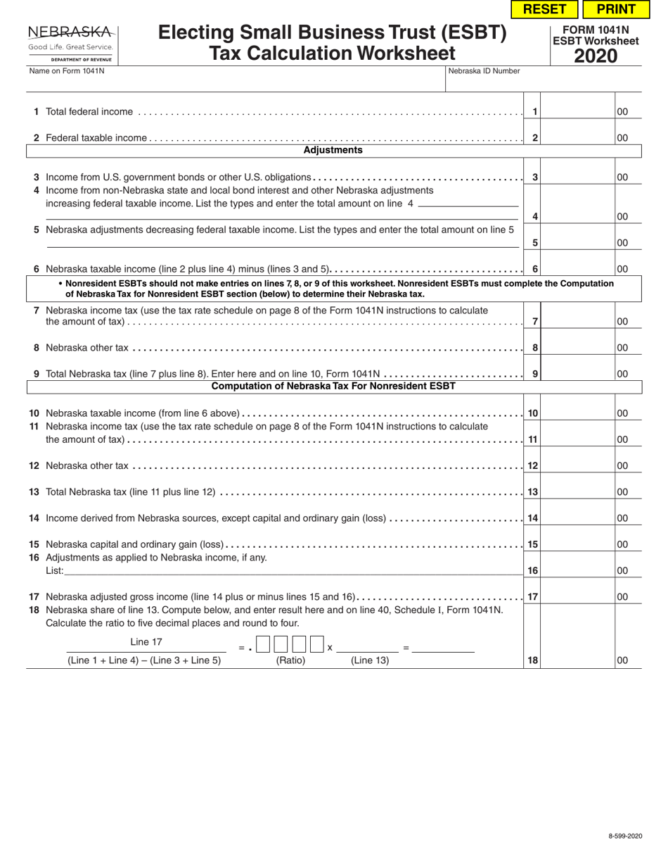 Form 1041N Worksheet ESBT Electing Small Business Trust (Esbt) Tax Calculation Worksheet - Nebraska, Page 1