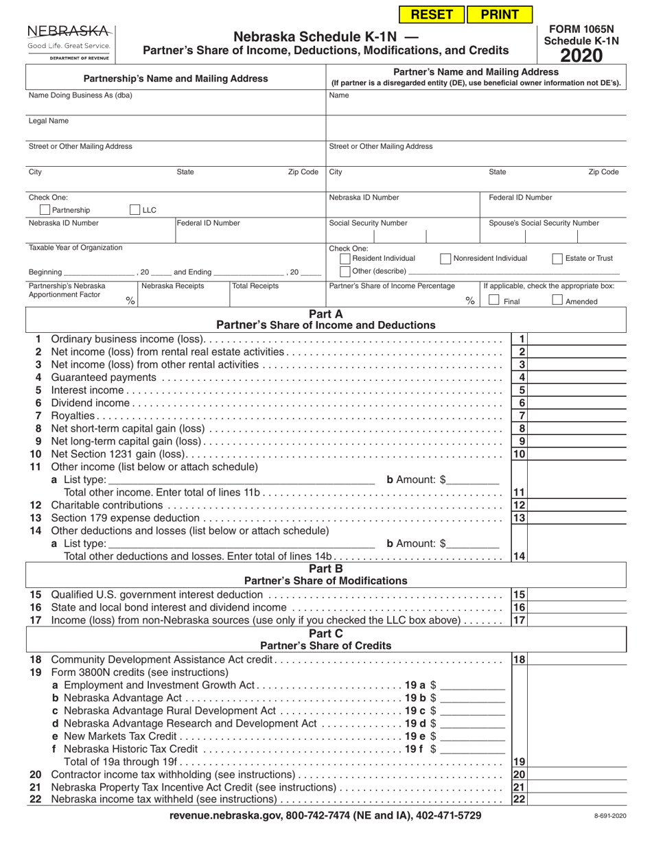 Form 1065N Schedule K-1N Partners Share of Income, Deductions, Modifications, and Credits - Nebraska, Page 1