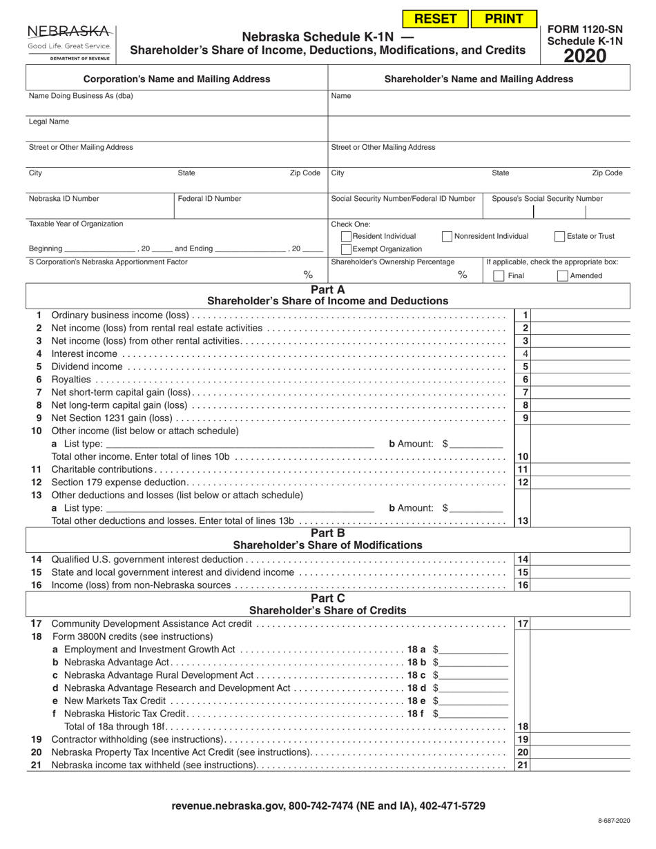 Form 1120-SN Schedule K-1N Shareholders Share of Income, Deductions, Modifications, and Credits - Nebraska, Page 1