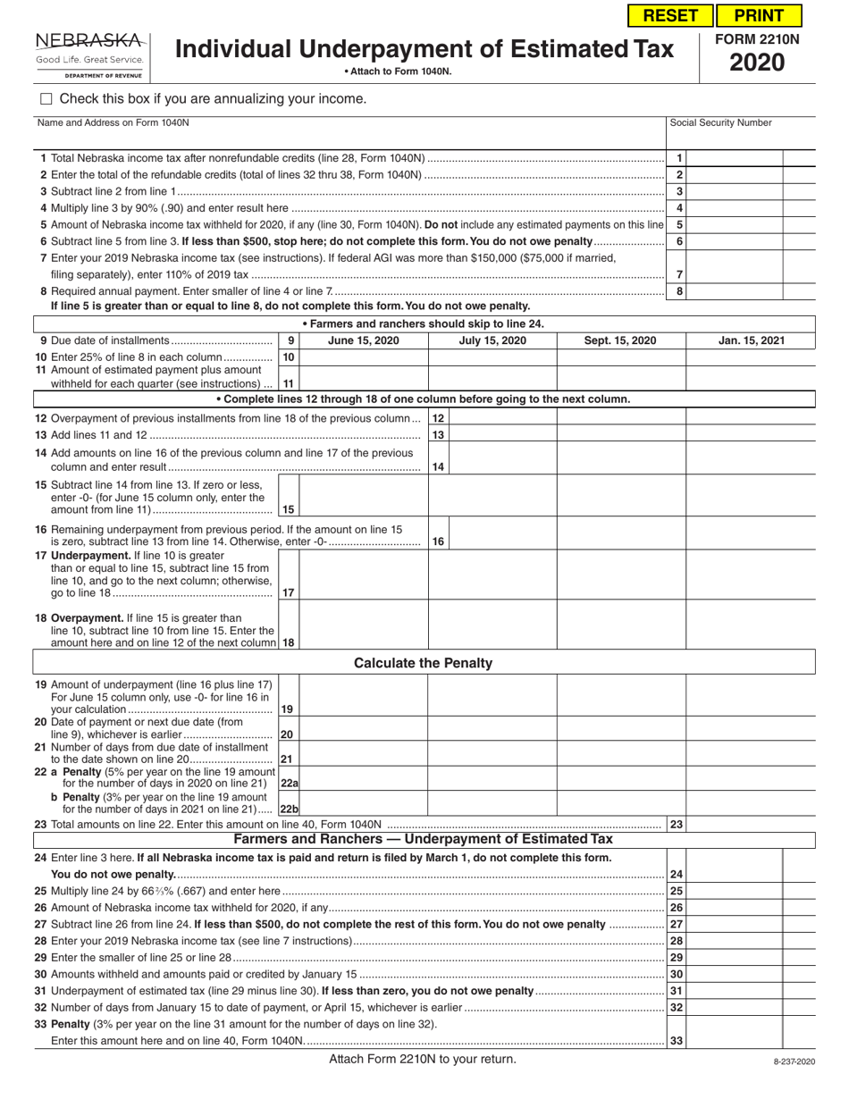 Form 2210N Individual Underpayment of Estimated Tax - Nebraska, Page 1