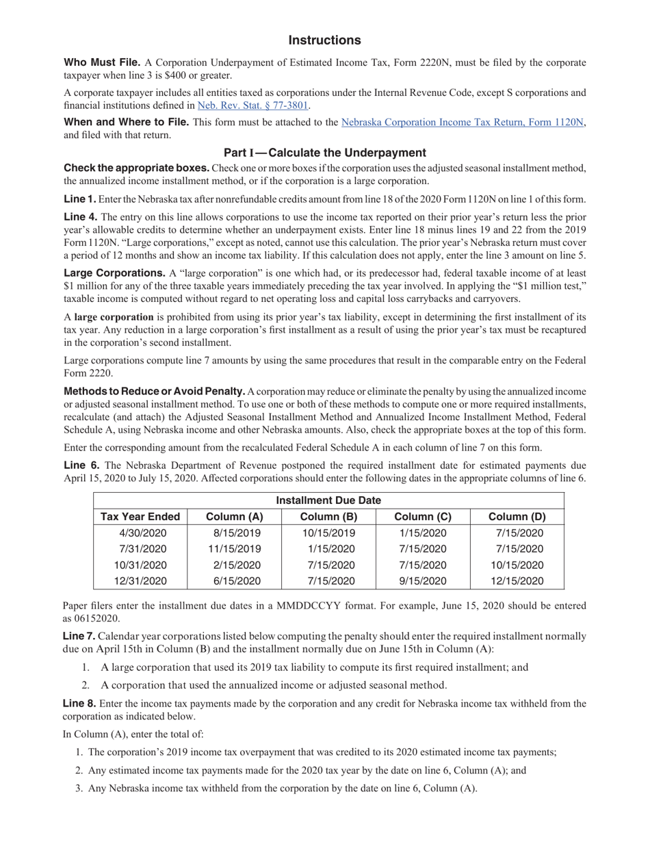 Form 2220N Corporation Underpayment of Estimated Income Tax - Nebraska, Page 2