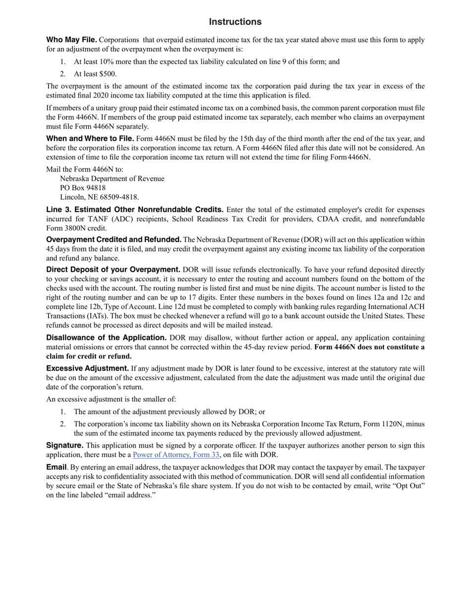 Form 4466N Corporation Application for Adjustment of Overpayment of Estimated Income Tax - Nebraska, Page 2