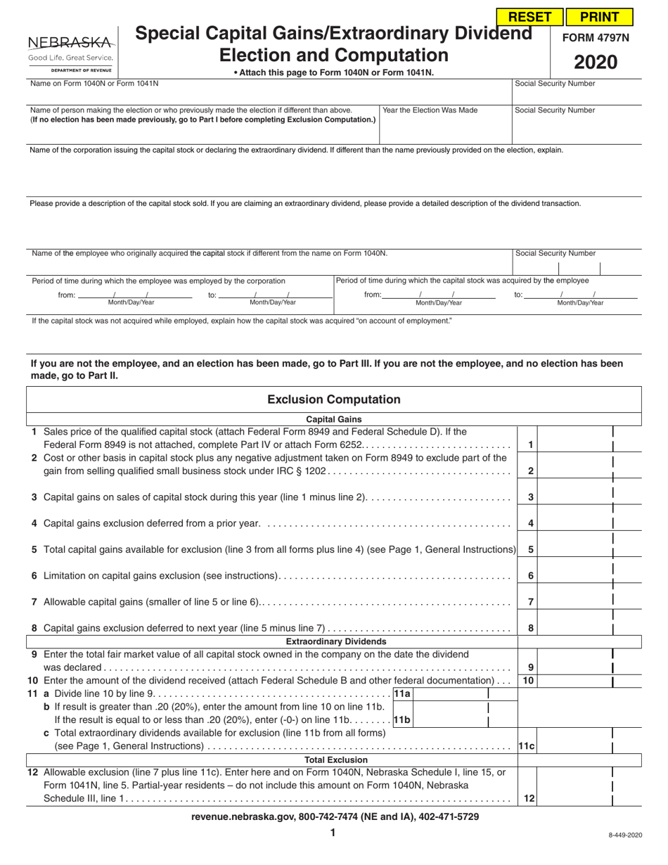Form 4797N Special Capital Gains / Extraordinary Dividend Election and Computation - Nebraska, Page 1