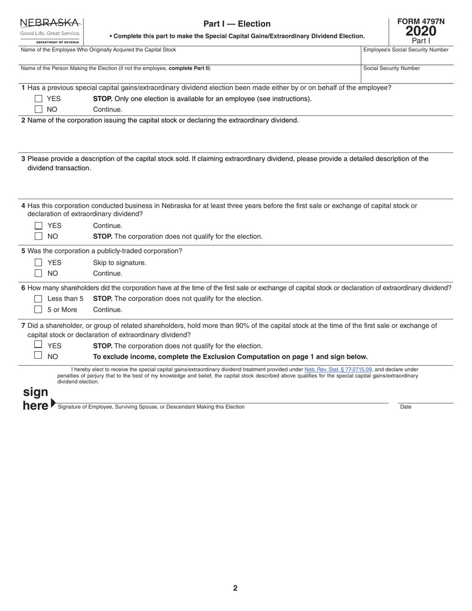 Form 4797N Special Capital Gains / Extraordinary Dividend Election and Computation - Nebraska, Page 2