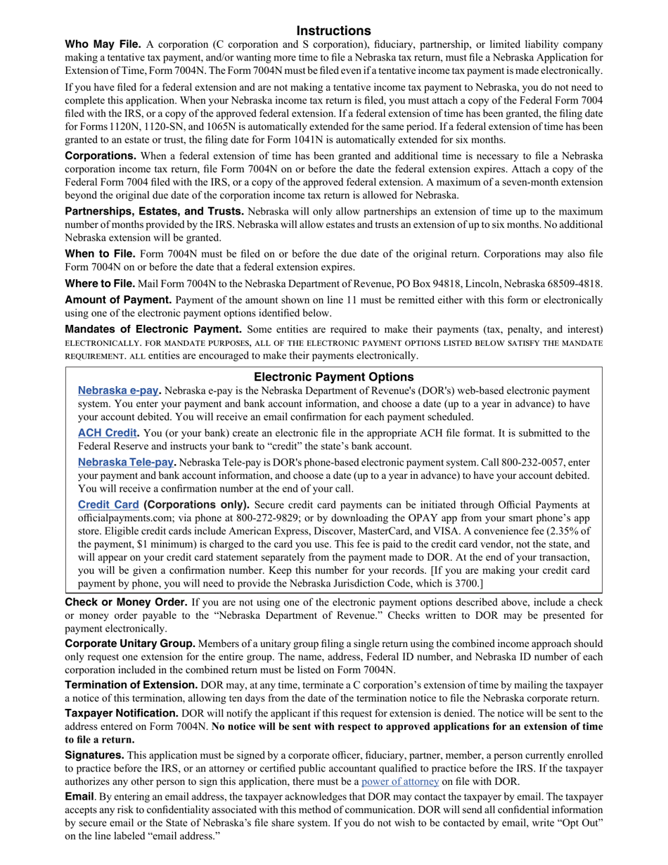 Form 7004N Application for Automatic Extension of Time to File Nebraska Corporation, Fiduciary, or Partnership Return - Nebraska, Page 2
