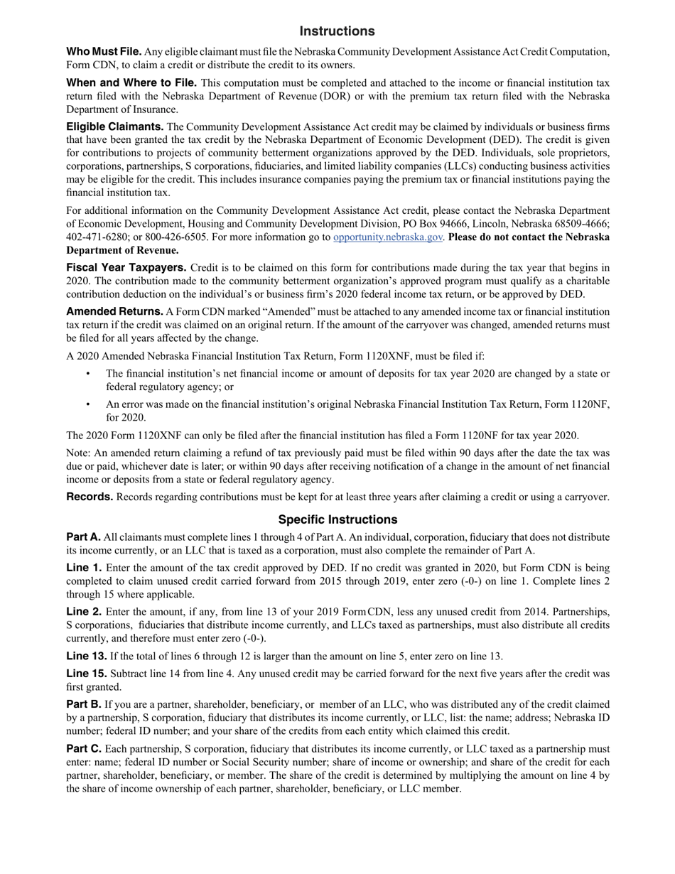 Form CDN Nebraska Community Development Assistance Act Credit Computation - Nebraska, Page 2