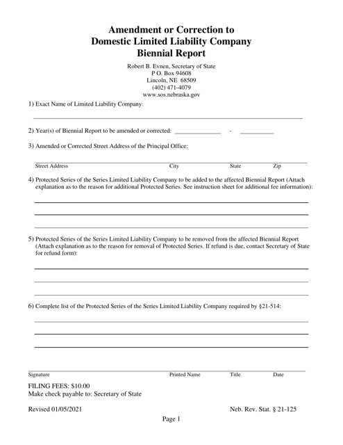 Amendment or Correction to Domestic Limited Liability Company Biennial Report - Nebraska Download Pdf
