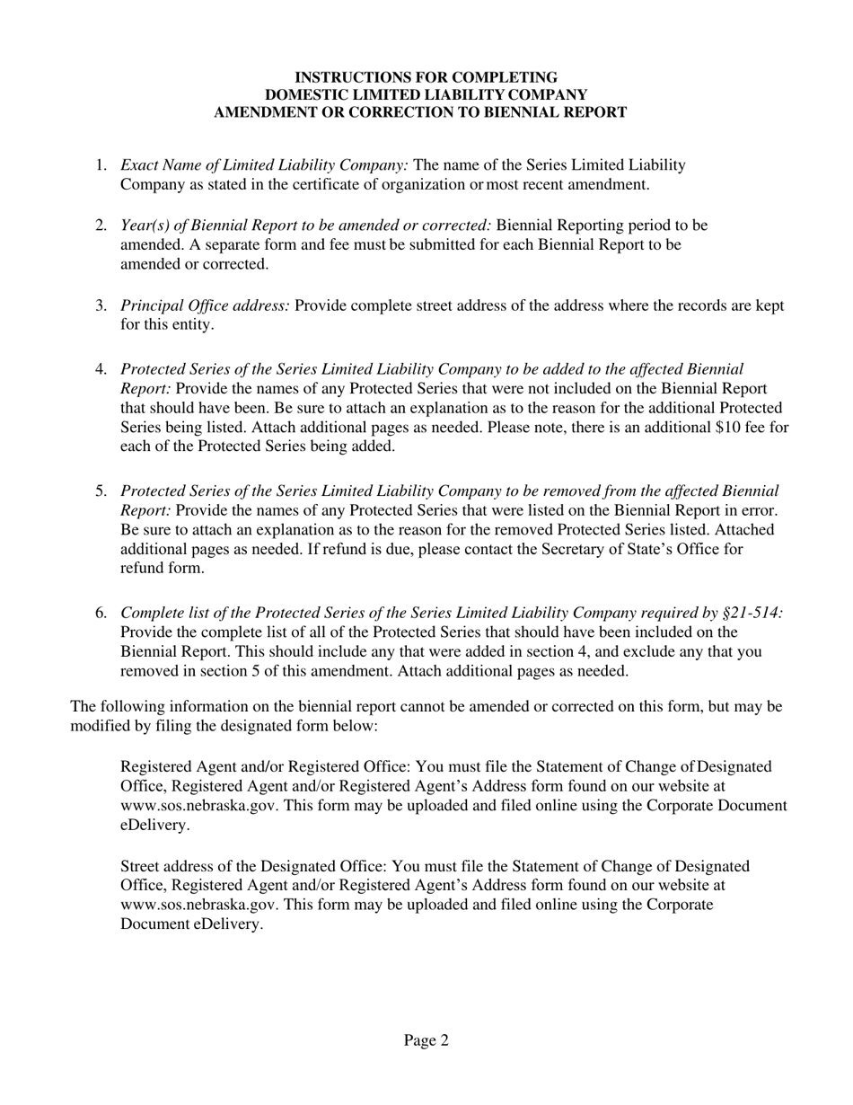 Amendment or Correction to Domestic Limited Liability Company Biennial Report - Nebraska, Page 2