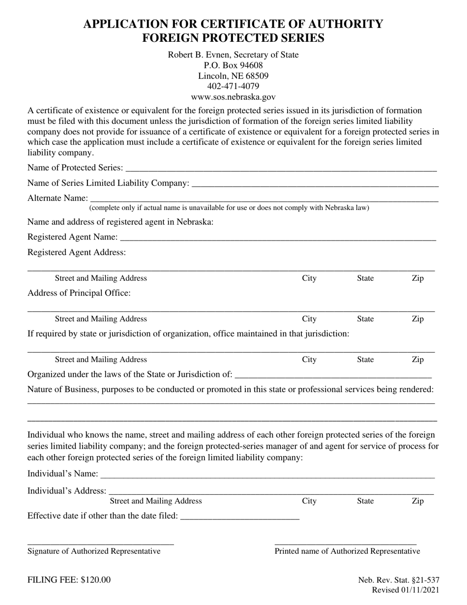 Application for Certificate of Authority Foreign Protected Series - Nebraska, Page 1