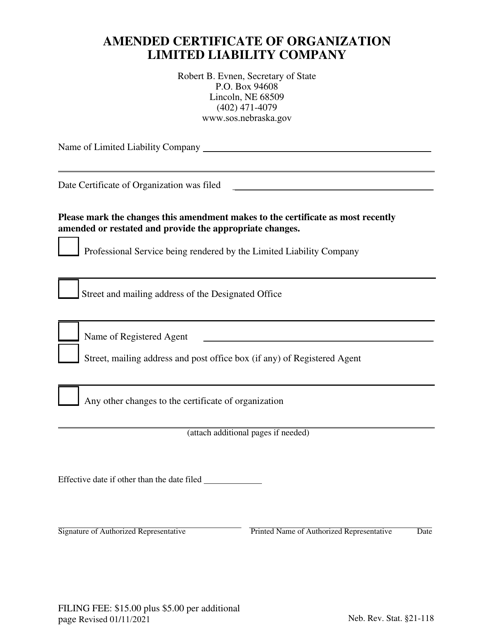 Amended Certificate of Organization Limited Liability Company - Nebraska Download Pdf
