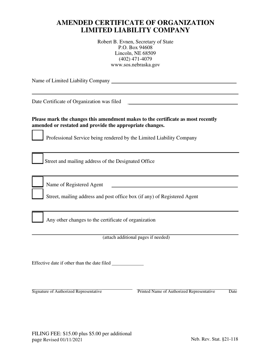 Amended Certificate of Organization Limited Liability Company - Nebraska, Page 1