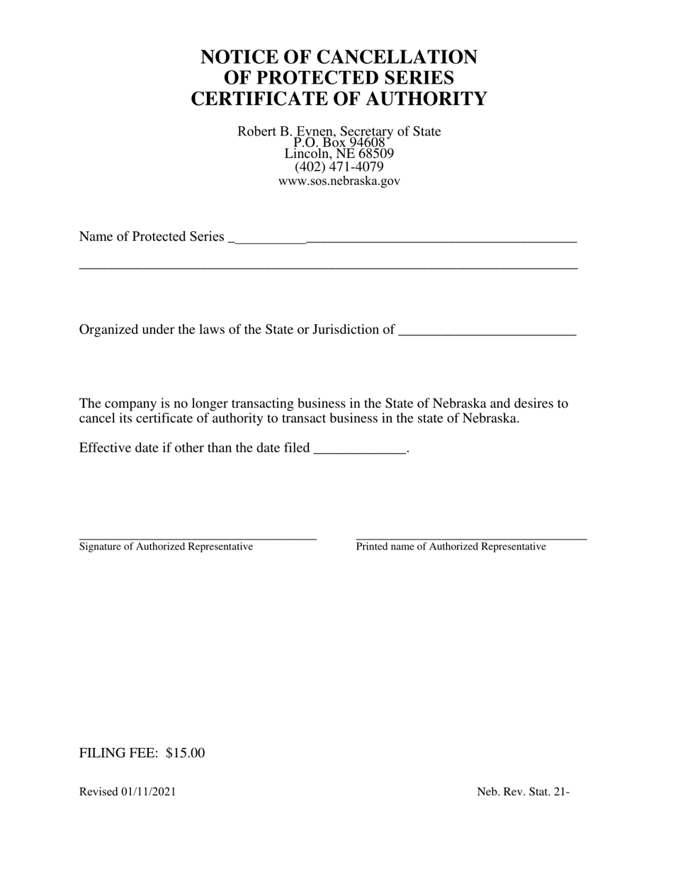 Notice of Cancellation of Protected Series Certificate of Authority - Nebraska, Page 1