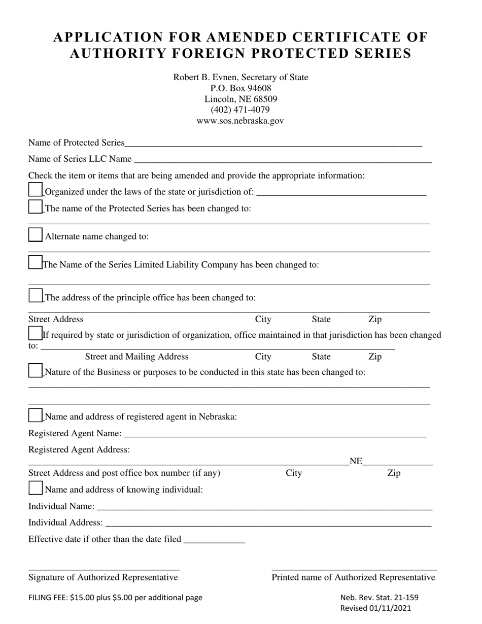 Application for Amended Certificate of Authority Foreign Protected Series - Nebraska, Page 1