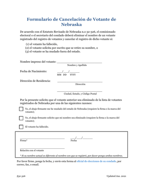 Formulario De Cancelacion De Votante De Nebraska - Nebraska (Spanish) Download Pdf